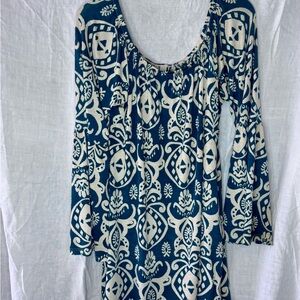 Blue-Green and Tan Patterned Bell Sleeve Short Dress